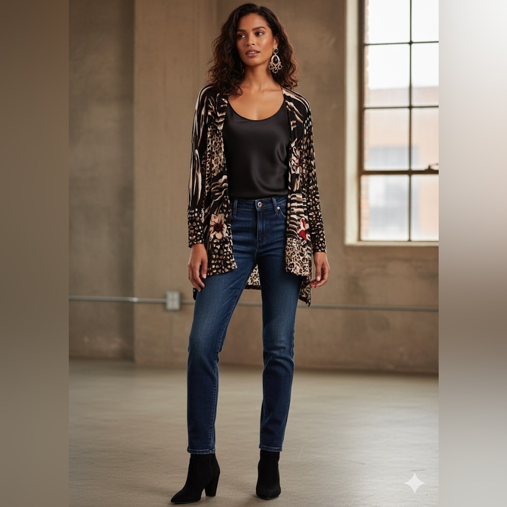 Cache Animal and Floral Print Open-Front Cardigan (Size L)